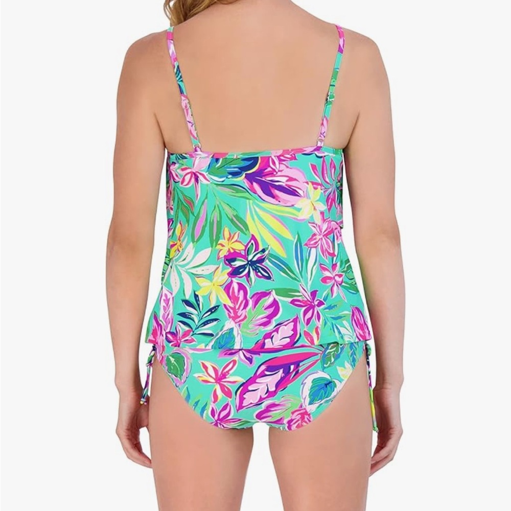 Green and Pink One Piece Swimsuit with Lace-Up Detail - Picture 3 of 4